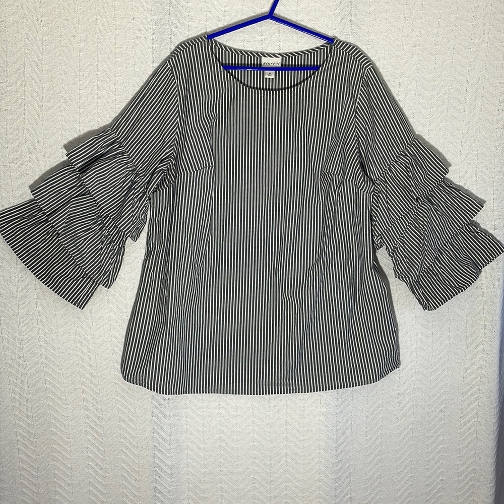 AVA & VIV Striped Cotton Tunic Top Scoop neck Tiered Ruffled Sleeves